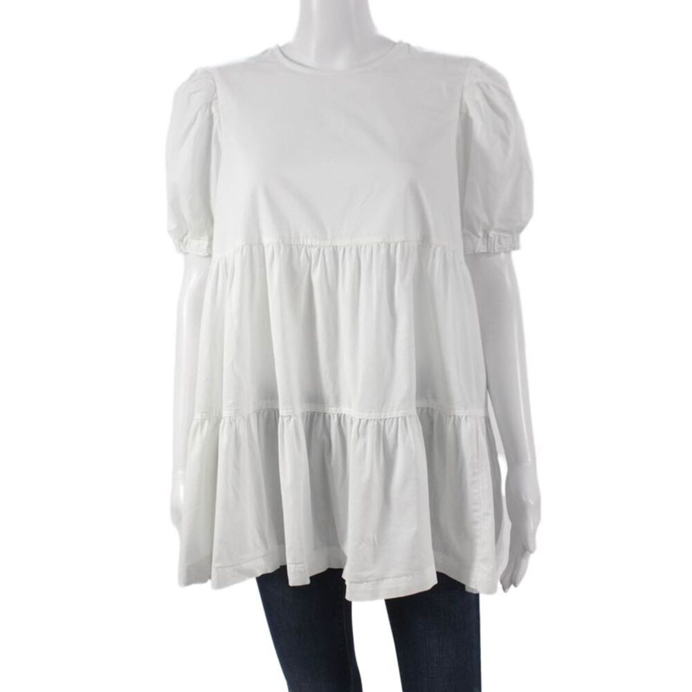 Danielle Bernstein Women Tunic Blouse White Round Neck Short Sleeve Size M